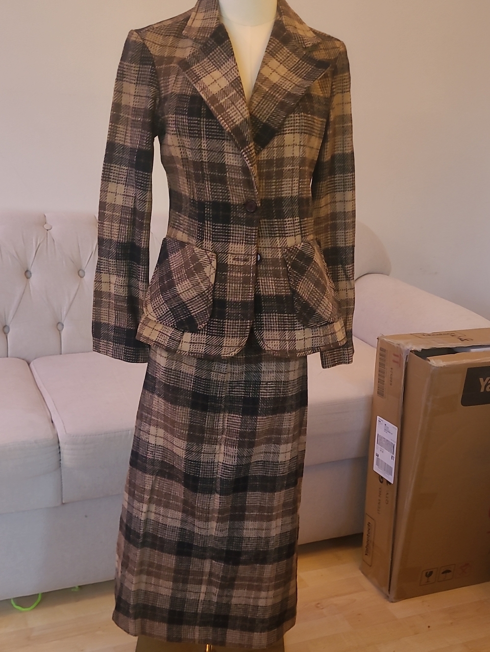 Plaid A-Line Midi Skirt Set in Brown, Cream, and Black 24 In Waist